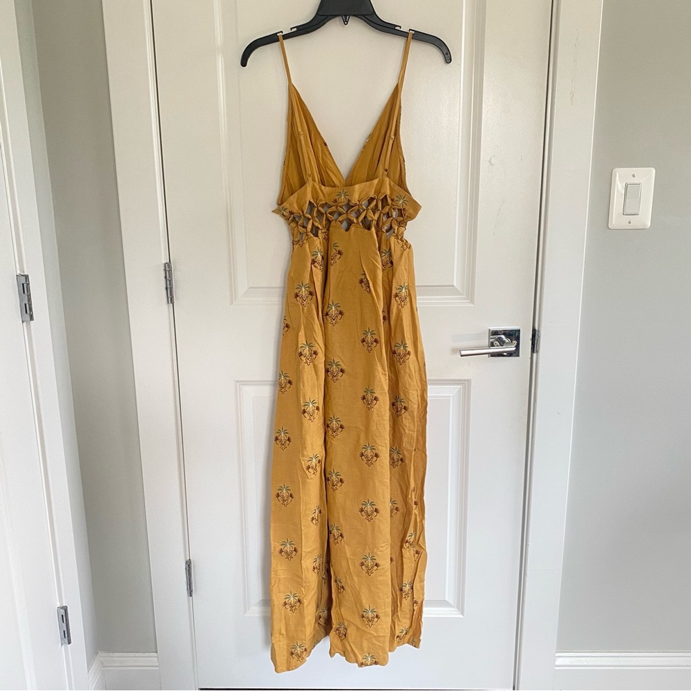 Farm Rio Sand Linen Blend V-Neck Cutout A-Line Midi Dress L NWT Anthropologie - Picture 4 of 7